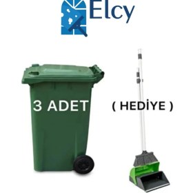 Resim Elcy 3 Adet Yeşil Plastik Çöp Konteyneri 240 Lt Isıya Karşı Dayanıklı Faraş Hediyeli 