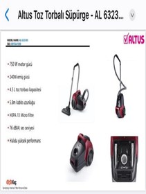 Resim Altus BS 750 W Toz Torbalı Süpürge AL 6323 