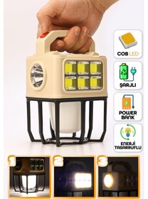 Resim 3 Modlu Şarjlı Kamp Lambası Solarlı 20 Watt Led Işık El Feneri Portatif Işıldak Gece Lamba Pr9802b Kahverengi 