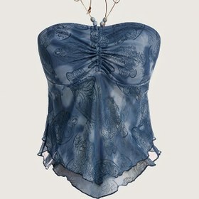 Resim Kadınlar İçin Bohem Tarzı Tie-Dye Denizkızı Halter Üst - Çiçek Desenli ve Büzgülü Göğüs Detaylı, Esnek Makinede Yıkanabilir Omuz/Bir Omuz Bluz - Plaj Partileri & Günlük Kullanım, Denizkızı Hediyeleri, Tüm Mevsimler İçin Dekoratif Boncuklu 