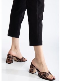 Resim Büyük Beden Kadın Topuklu Terlik Leopar Saten İnce Bantlı-3887 Leopar 