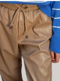 Resim Bej Renkli Beli Lastikli Deri Pantolon Altın 