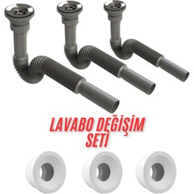 Resim 3 Adet Gri Lavabo Sifonu Ve Conta Seti Komple Ev Lavabo Değişim 