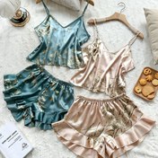 Resim 2 Takım Çiçek Desenli Saten Pijama Takımı, Şık V Yaka Sırtı Açık Crop Cami Üst & Volanlı Şort, Kadın Pijama Takımı 