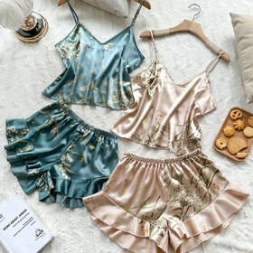 Resim 2 Takım Çiçek Desenli Saten Pijama Takımı, Şık V Yaka Sırtı Açık Crop Cami Üst & Volanlı Şort, Kadın Pijama Takımı 