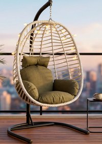 Resim KalyonHome Capri Askılı Rattan Bahçe Balkon Salıncağı - Armut Salıncak 2mm Profil Su İtici Keten Minderli 