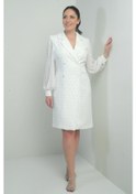 Resim Kadın Kruvaze Yaka Önü Düğmeli Şifon Kollu Boncuklu Büyük Beden Kısa Elbise-40892 Ekru 