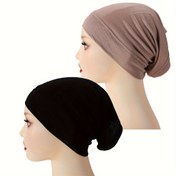Resim 2 Adet Kadınlar İçin Düz Renk Jersey Hijab Kapları - Esnek, Nefes Alabilen Polyester Tüp Alt Kapaklar Bej & Siyah - Basit Tarz, Günlük Kullanım İçin Esnek Uyum 