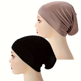 Resim 2 Adet Kadınlar İçin Düz Renk Jersey Hijab Kapları - Esnek, Nefes Alabilen Polyester Tüp Alt Kapaklar Bej & Siyah - Basit Tarz, Günlük Kullanım İçin Esnek Uyum 