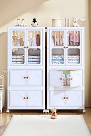 Resim 3 Katlı Katlanabilir Modüler Giysi ve Eşya Dolabı – Tekerlekli, Kapaklı, Şeffaf Pencereli Tasarım - Toprak 