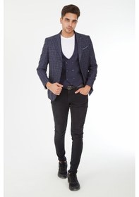 Resim Sposo 5140 Yelekli Dar Kalıp Lacivert Ekose Erkek Blazer Ceket Lacivert 