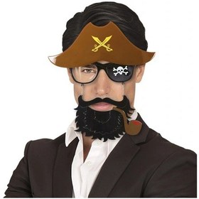 Resim Kahve Renk Şapkalı Siyah Sakallı Pipolu Denizci Korsan Gözlüğü 24x25 Cm 