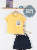 Resim Ege Bebek Yazllık Erkek Bebek Sarı %100 Pamuklu Müslin Cep Detaylı Alt Üst Takım 