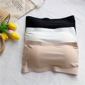 Resim 1 Adet Şık Askısız Bandeau Sütyen - Buz İpeği Kumaş, Dikişsiz Sırt Sarma Tasarımı, Görünmez Toka, Kadın Moda Aksesuarı Siyah, Beyaz ve Bej Çizgili, Giysi Braleti 