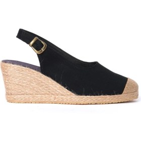 Resim Star Tombis Siyah Arkadan Bantlı Topuğu Açık Burnu Hasırlı Keten Espadril Dolgu Topuk 