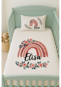 Resim %100 Pamuk İsme Özel İsimli 100x150 Cm Pike Seti Kırmızı Çiçekli Gökkuşağı 