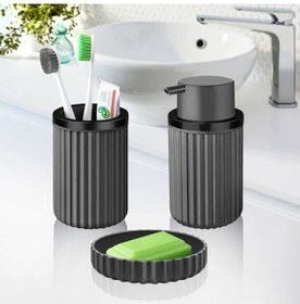 Resim Banyo Takımı Diş Fırçalık Sıvı Sabunluk Katı Sabunluk 3'Lü Set - Gri Siyah 