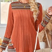 Resim Kadınlar için Elegant Kabile Desenli Kazak Tişört - Polyester %95, Spandex %5, Buton Detaylı Ekibi Boyun, Uzun Kollu, Az Esnek Kumaş, Düşme/Kış Sonbahar/Kış Giyim 