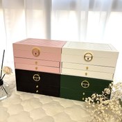 Resim 3 Katlı Kilitli Çekmeceli Takı Organizatör Kutusu - Pastel Pembe/Beyaz/Yeşil/Siyah, Yumuşak Dolgulu Çekmeceler, Ev ve Seyahat İçin Kompakt Taşınabilir Takı Saklama Kutusu, Şık Suni Deri Yapım, Güvenli Fermuar Kapama, Takı Düzenleyici 
