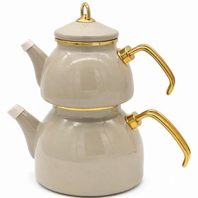 Resim Cookahome Cooka Home Emaye Çaydanlık Takımı Gold Detaylı 1,1 L Demlik + 2,3 L Suluk Bej 
