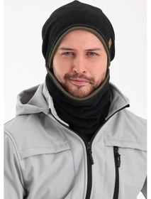 Resim Erkek Polar Dış Kaşkorse Pamuklu İç Kısım Çift Renk Çift Katman Katlanabilir Bere Boyunluk Takım - Standart / Siyah-haki Siyah-haki 