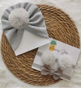 Resim Kız Bebek Gri Bone Peluş Ponpon Bandana Ve Fiyonk Bandana Seti 