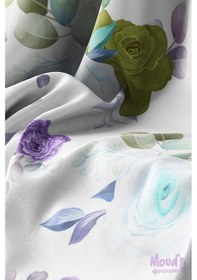 Resim Lila Mavi Gül Desenli Baskılı Süet Runner Masa Örtüsü 