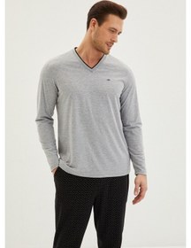 Resim Kiğılı Çift V Yaka Jakar Lastikli Desenli Pamuklu Pijama Takımı Hsszyvkg21008 Açık Gri Melanj 