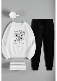 Resim Uyguntarz Unisex Kurdele Tasarım Baskılı Bisiklet Yaka Sweatshirt 2'li Eşofman Takımı Beyaz 