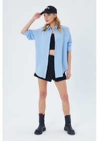 Resim Mixray 3833 Kadın Oversize Cepli Müslin Gömlek Bebe Mavi 