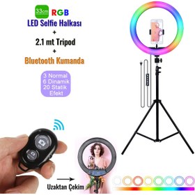 Resim 33 cm Youtube Instagram Tiktok Selfie Rgb LED Halka Işık + 2.1 mt Tripod + Bluetooth Kumanda 