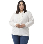 Resim Büyük Beden Önü Fırfır Detaylı Gömlek Yaka Manşetli Beyaz Gömlek Beyaz 