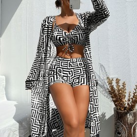 Resim Yeni Bikini Üç Parça Seti, Plaj ve Deniz Kıyısı için Uygun, Siyah ve Beyaz Çizgili Baskı 