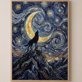 Resim Black Wolf Howling Crescent Moon Print - Van Gogh-Style Mountain Wall Art - Wooden Frame - Natural / 24 x 36" (60x90 cm) 