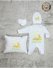 Resim yzc home size dair... E88 Ty Isme Özel Isimli Baskılı Bebek Yastık Tulum Şapka Eldiven Set Hastane Çıkışı 