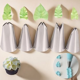 Resim 5 Parça Paslanmaz Çelik Yaprak Borulama Uçları Seti - Profesyonel Kek Dekorasyon Uçları - Cupcake ve Pastalar için - Dayanıklı, Çok Yönlü Pişirme Aksesuarları - Buzlanma ve Borulama Dekorasyonu için 