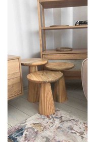 Resim ASELYA HOME Wooden 3’lü Set Mantar Yan Sehpa Fitilli Modern Natural 