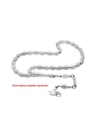 Resim Kalem İşçilikli Lale Püsküllü Küre Kesim Gümüş Renk Alpaka Tesbih 