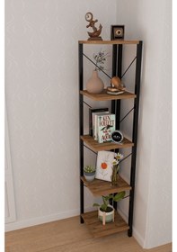 Resim Alpa Ev Mobilya 5 Katlı Kare Raflı Metal Köşe Raf, Dekoratif Kitaplık Ve Modern Saksılık Atlantik Çam 