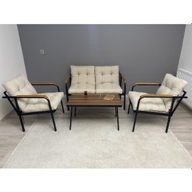 Resim Modern Mars Balkon, Bahçe, Cafe - Metal Kanepe Koltuk Takımı - 2+1+1 + Sehpa Krem Modernsh33 Krem 