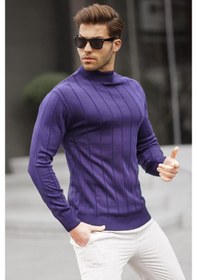 Resim Madmext Lacivert Slim Fit Yarım Balıkçı Yaka Çizgili Tüylenmeyen Erkek Triko Kazak 6344 Lacivert 