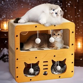 Resim 1 Lüks Çift Katlı Kedi Evi, Dayanıklı Lif Levha Çok Katlı Kedi Evi Tırmalama Direği, Uyku Yuvası ve Aktivite Alanı ile, Birden Fazla Kedi için Mobilya Tırmalama Seti, Karton Malzeme 