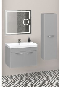 Resim Mauna 80 Cm Banyo Dolabi Mercekli Led Ayna - Gri (Boy Dolap Dahil) Çok Renkli 