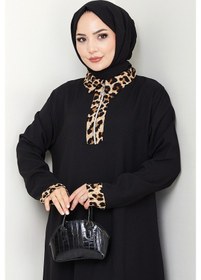 Resim Bestenur Leopar Detaylı Yarım Fermuarlı Elbise 1564 - Siyah Siyah 
