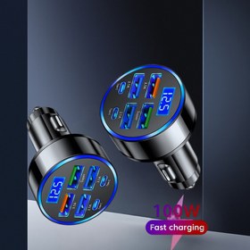 Resim Hızlı Şarj Fonksiyonlu Araba Şarj Cihazı, 4 USB Bağlantı Noktası ve Dijital Ekran, 6'lı Mobil Telefon Şarj Başlığı, Araba Mobil Telefon Adaptörü ve Aksesuarları için Uygun, Arabalar için Temel Aracı, Mobil Telefon Hızlı Şarj 