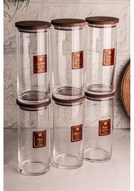 Resim Snippy Story - 6'lı Etiketli Cam Jumbo Saklama Kabı Baharatlık Takımı 1150 Ml - Erzak Saklama Kabı Seti Ahşap 