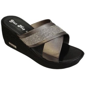 Resim Yazkış Kadın Siyah Platin Çapraz Bantlı Üzeri Taşlı 7cm Dolgu Topuk Terlik 001 