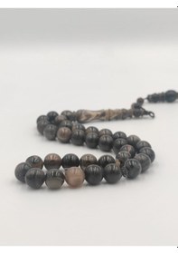 Resim Usta İşcilikli Bufalo Boynozu Tesbih 10 Mm Küre Kesim Takımlı Sistemli Püskül Siyah 