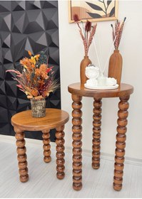 Resim ASELYA HOME Ahşap 2’li Set Boncuk Ayaklı Yan Sehpa Modern Açık Ceviz Fiskos Zigon Çiçeklik 