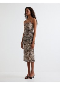 Resim Koton Leopar Elbise Midi İp Askılı Drapeli Bej Desenli 4sak80039fk 